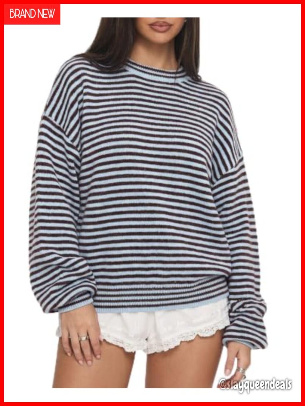 Oversized Striped Crewneck Pullover Sweater Balloon Sleeve